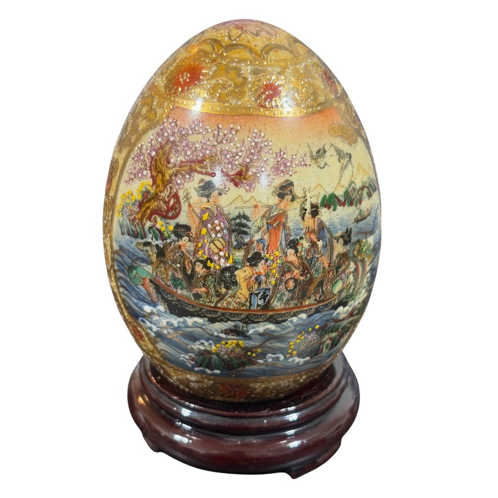 Vintage Satsuma Style Porcelain Egg Geisha Boat Scene Hand Painted with Stand